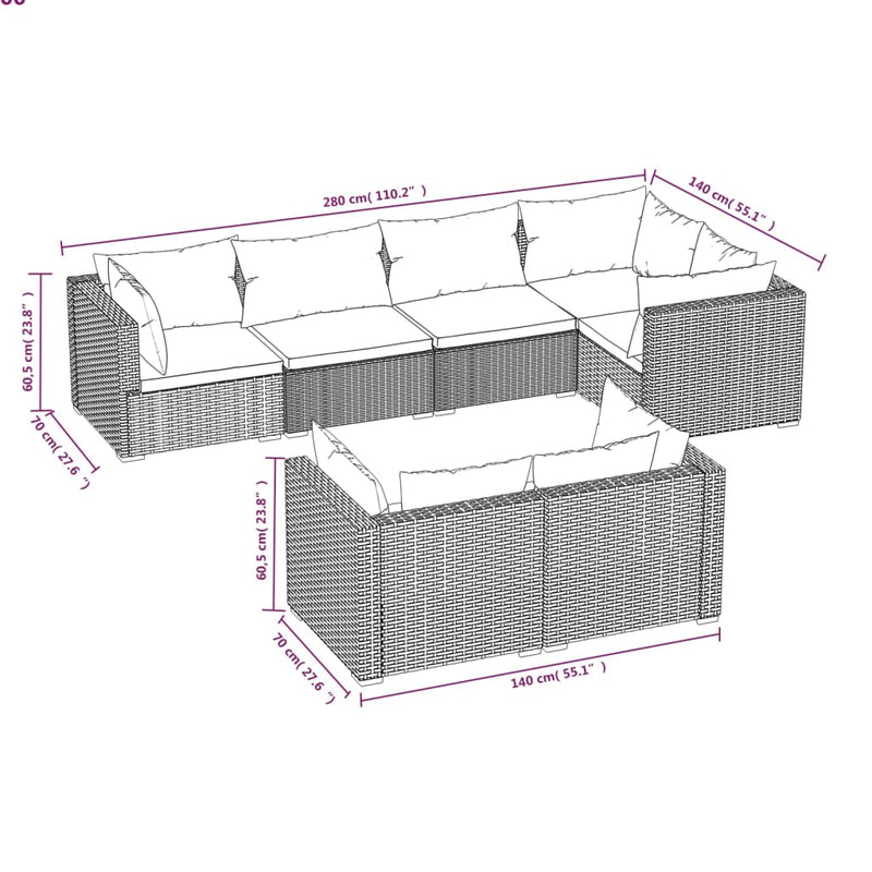 vidaXL 7 Piece Garden Lounge Set with Cushions Grey Poly Rattan