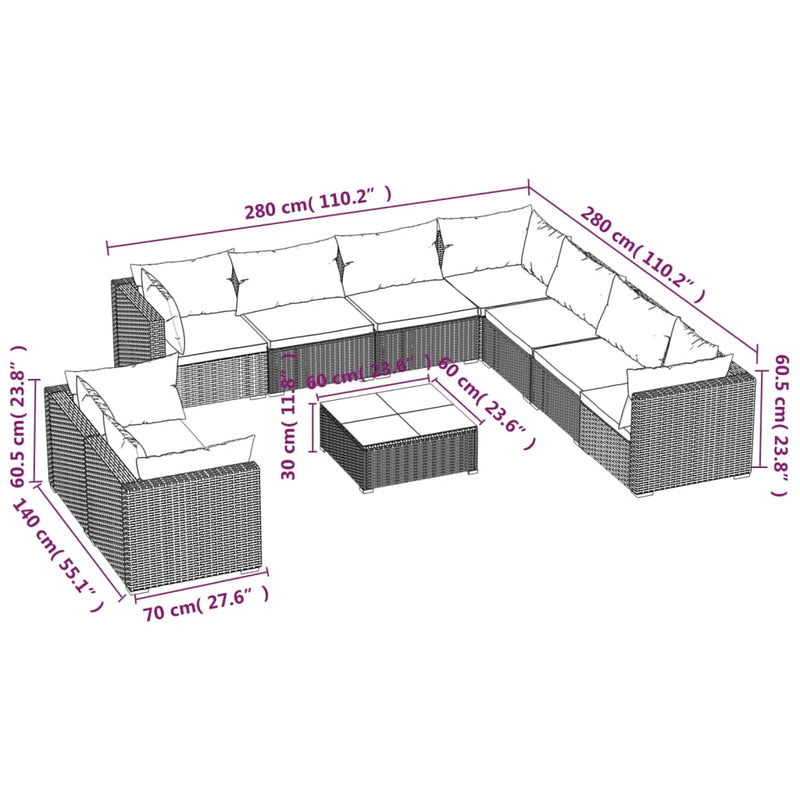 vidaXL 10 Piece Garden Lounge Set with Cushions Black Poly Rattan
