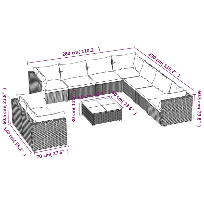 vidaXL 10 Piece Garden Lounge Set with Cushions Black Poly Rattan