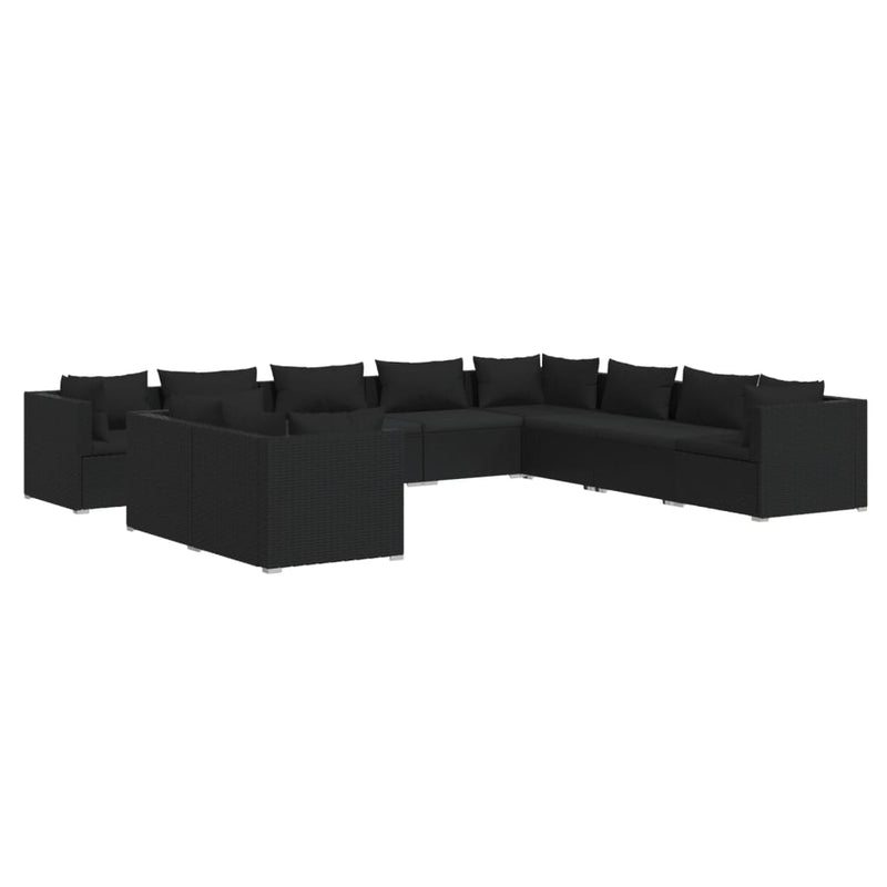 vidaXL 10 Piece Garden Lounge Set with Cushions Black Poly Rattan