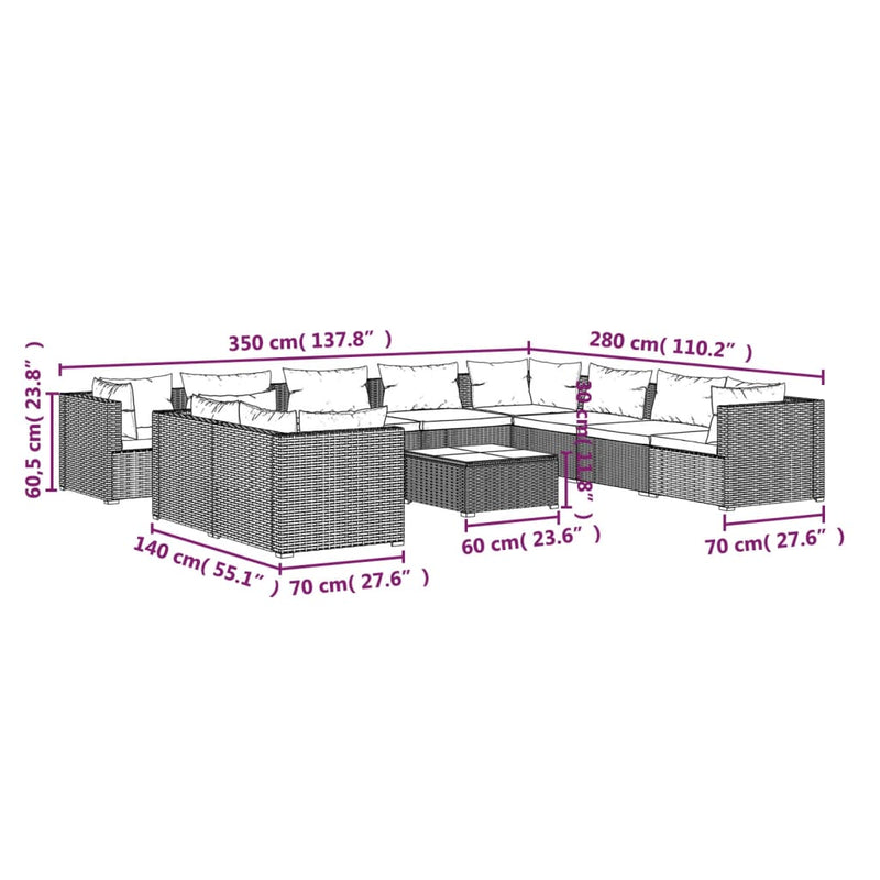 vidaXL 11 Piece Garden Lounge Set with Cushions Grey Poly Rattan