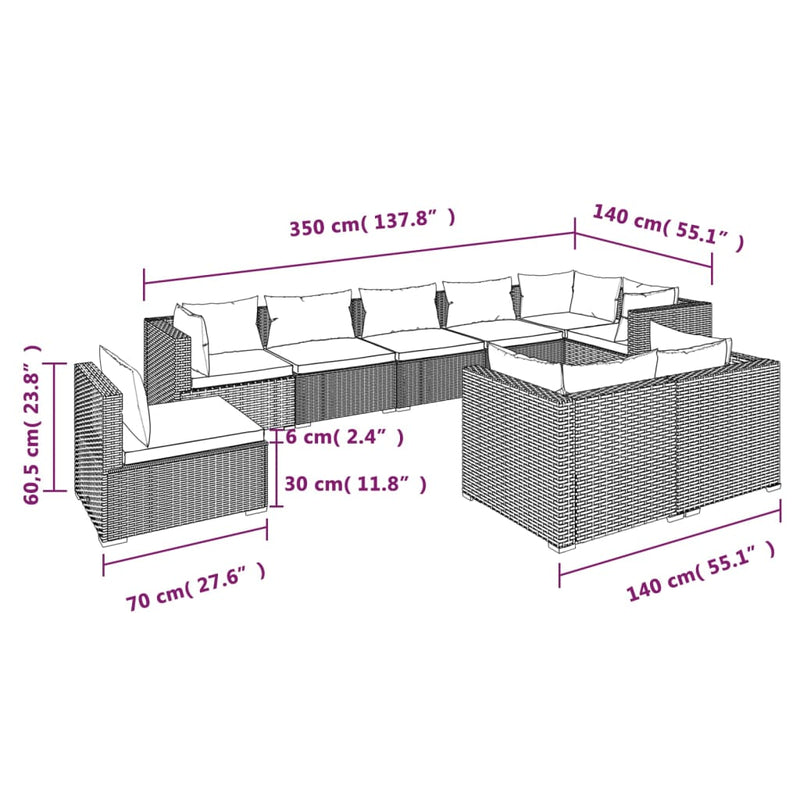 vidaXL 9 Piece Garden Lounge Set with Cushions Poly Rattan Grey