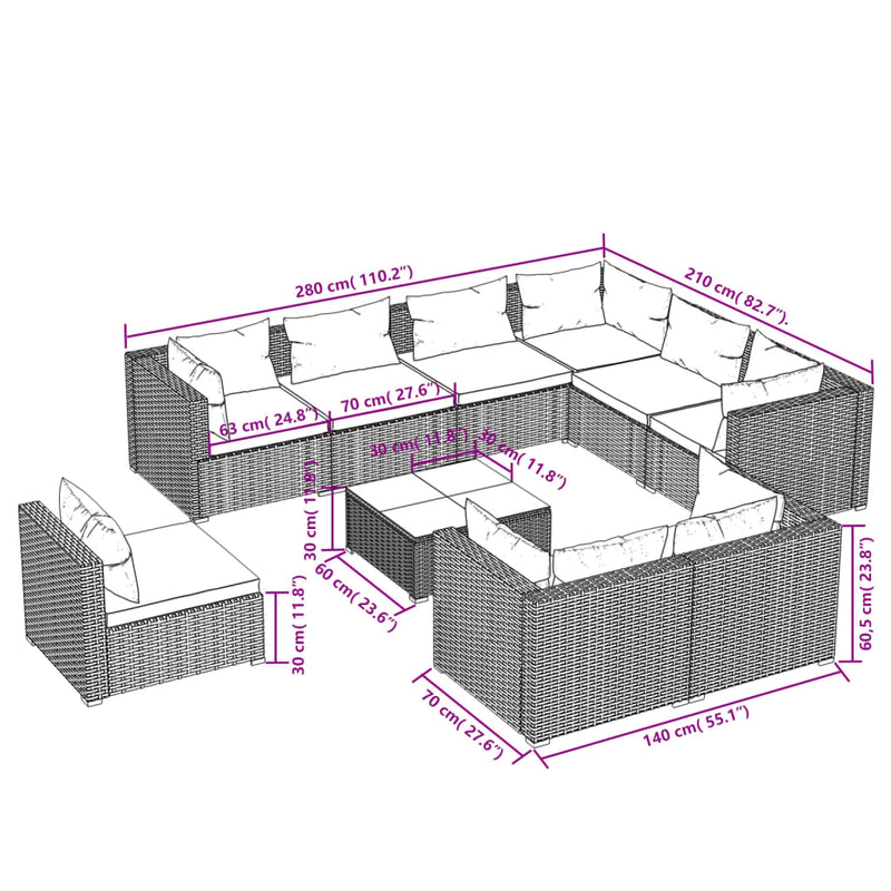 vidaXL 10 Piece Garden Lounge Set with Cushions Poly Rattan Black