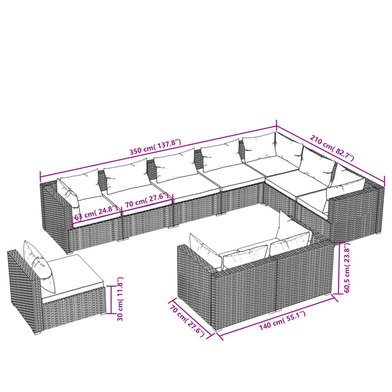 vidaXL 10 Piece Garden Lounge Set with Cushions Poly Rattan Grey