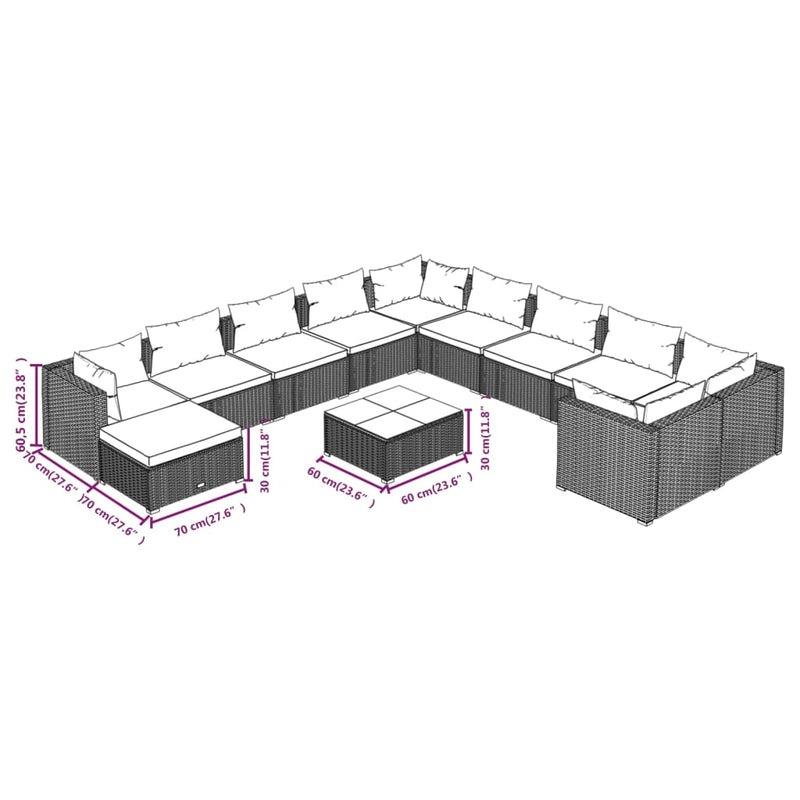 vidaXL 12 Piece Garden Lounge Set with Cushions Poly Rattan Grey