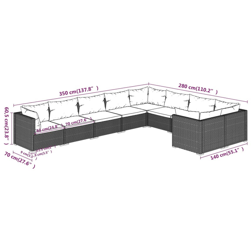 vidaXL 9 Piece Garden Lounge Set with Cushions Poly Rattan Brown