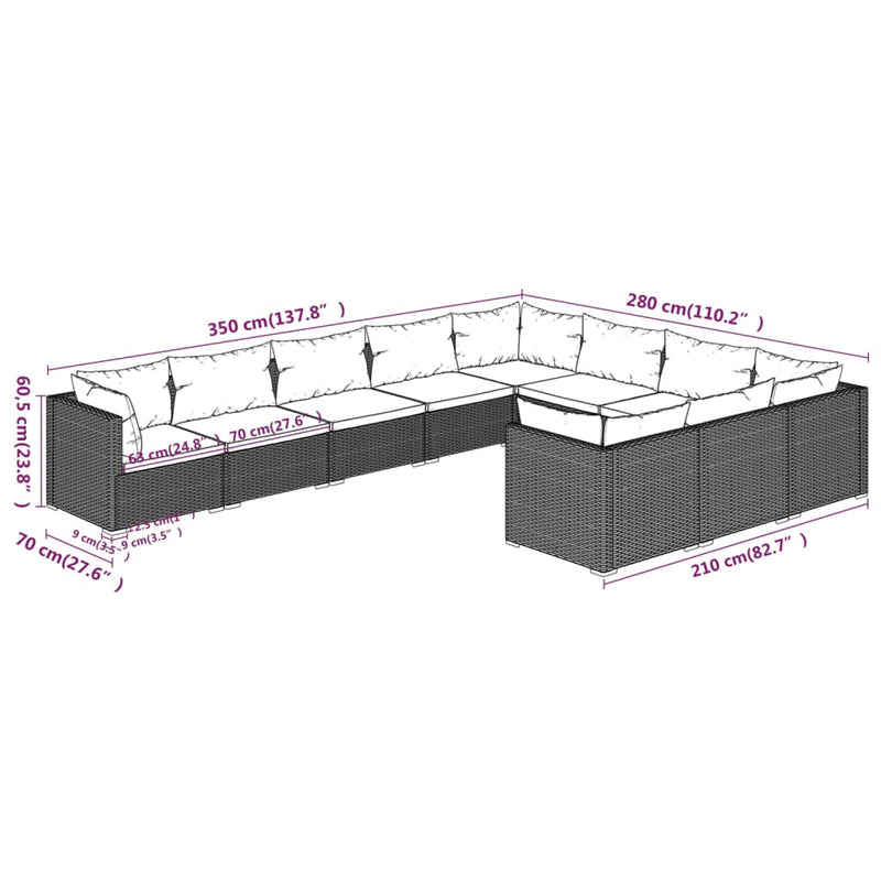 vidaXL 10 Piece Garden Lounge Set with Cushions Poly Rattan Black