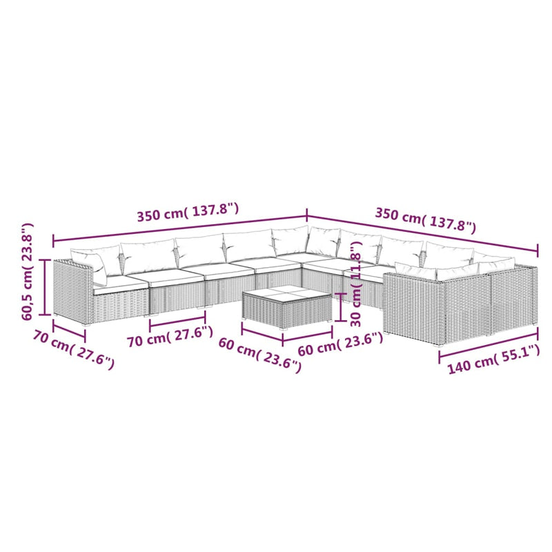 vidaXL 11 Piece Garden Lounge Set with Cushions Poly Rattan Grey