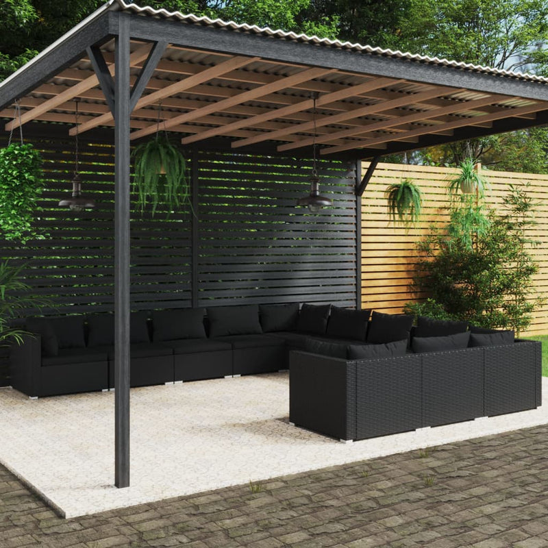 vidaXL 11 Piece Garden Lounge Set with Cushions Poly Rattan Black