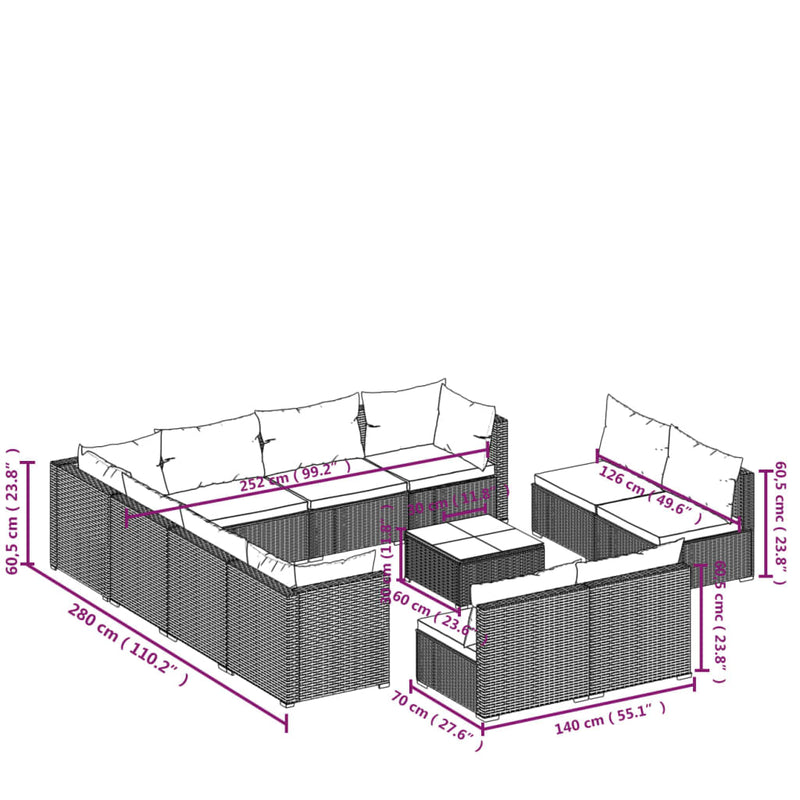 vidaXL 12 Piece Garden Lounge Set with Cushions Grey Poly Rattan