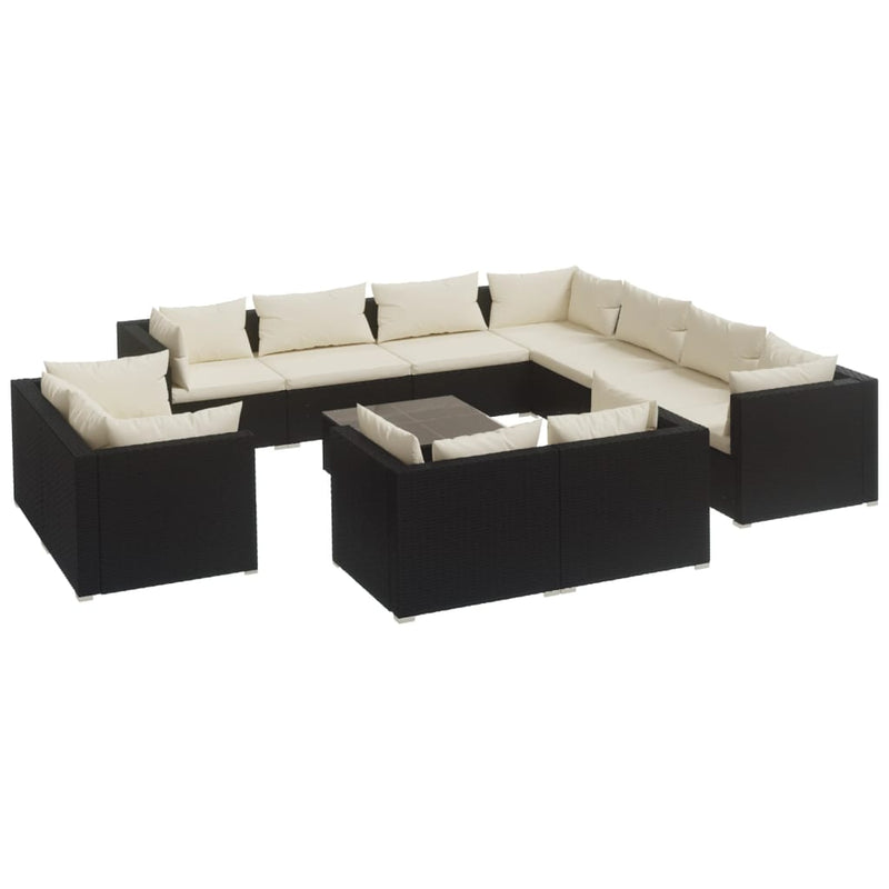 vidaXL 12 Piece Garden Lounge Set with Cushions Black Poly Rattan