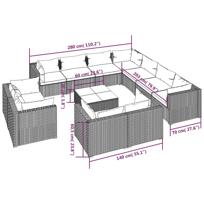 vidaXL 12 Piece Garden Lounge Set with Cushions Black Poly Rattan