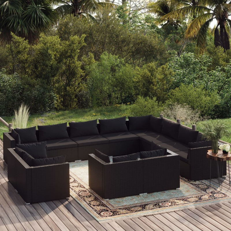 vidaXL 12 Piece Garden Lounge Set with Cushions Black Poly Rattan