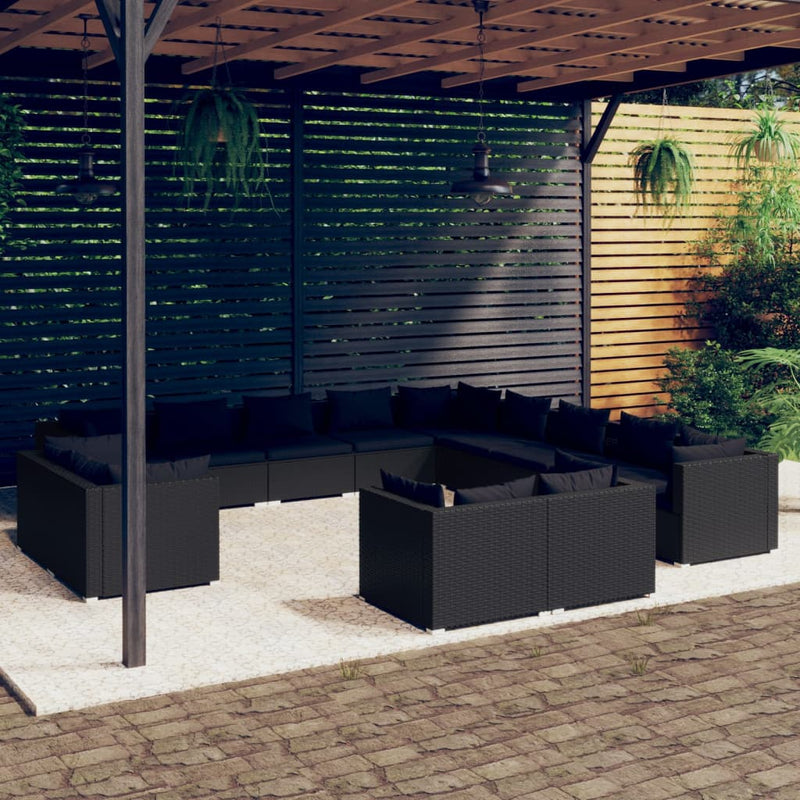 vidaXL 13 Piece Garden Lounge Set with Cushions Black Poly Rattan