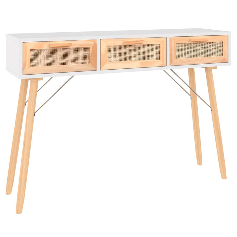 vidaXL Console Table White 105x30x75 cm Solid Wood Pine&Natural Rattan