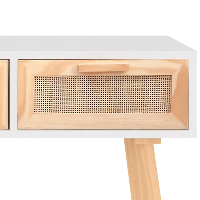 vidaXL Console Table White 105x30x75 cm Solid Wood Pine&Natural Rattan