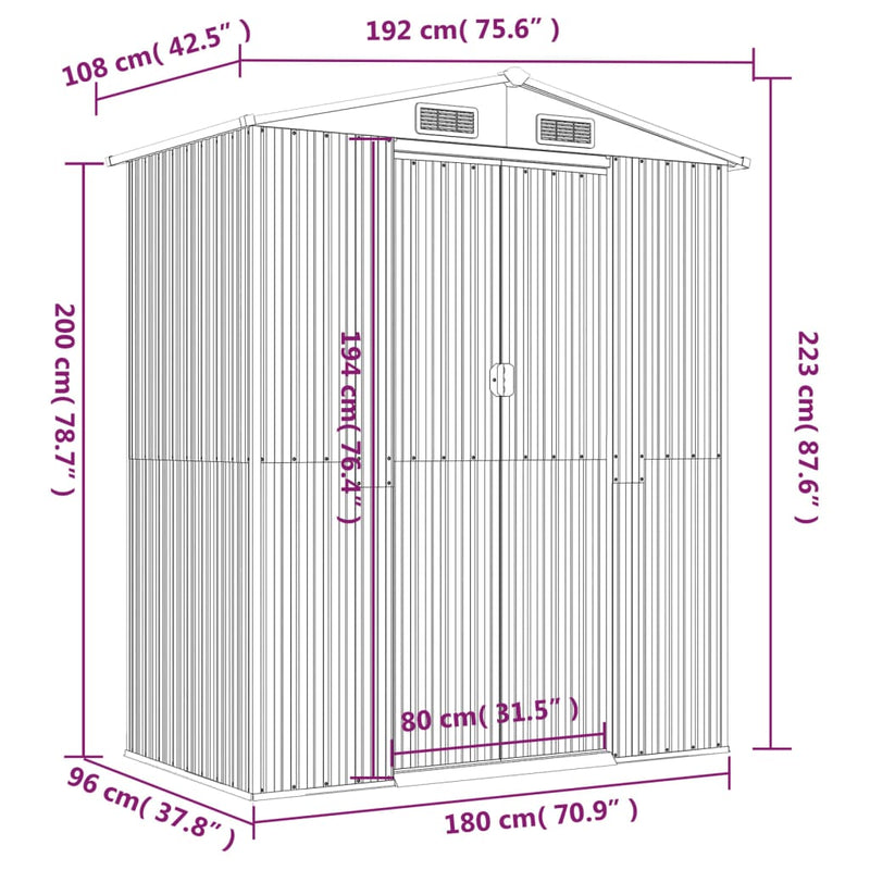 vidaXL Garden Shed Light Grey 192x108x223 cm Galvanised Steel
