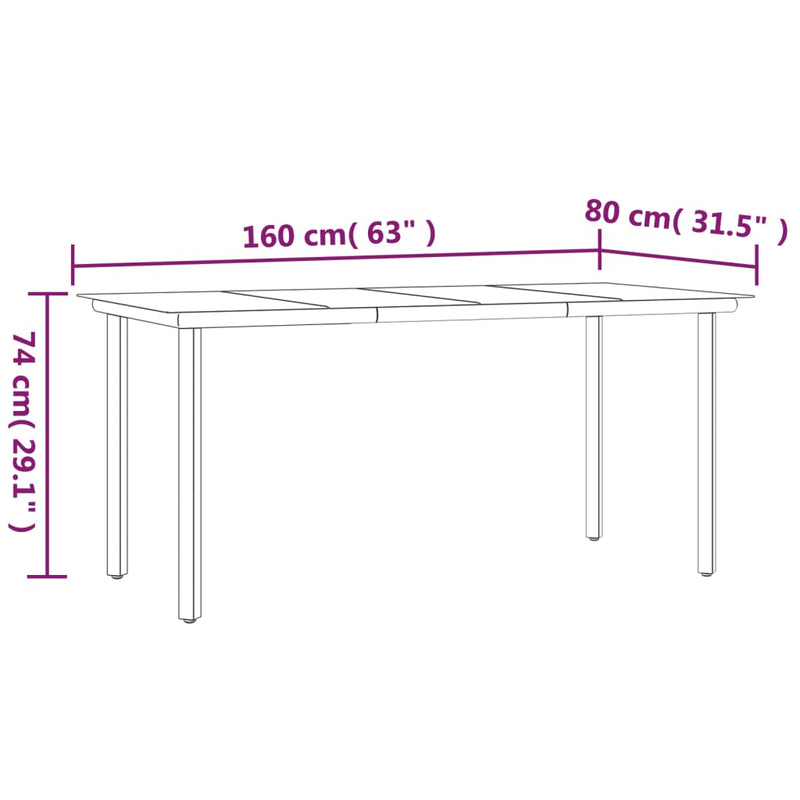 vidaXL Garden Dining Table Black 160x80x74cm Steel and Tempered Glass