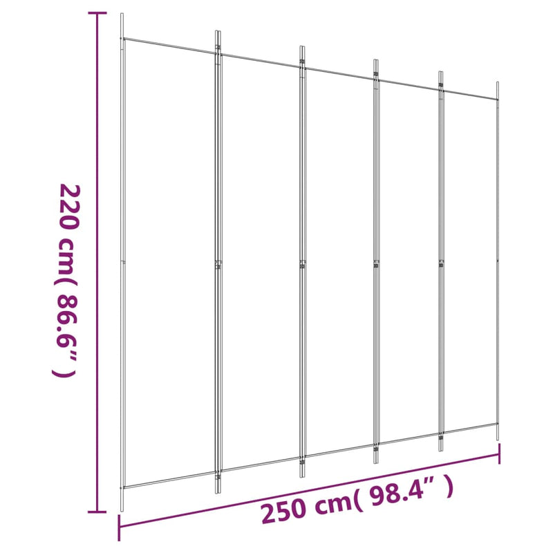 vidaXL 5-Panel Room Divider White 250x220 cm Fabric