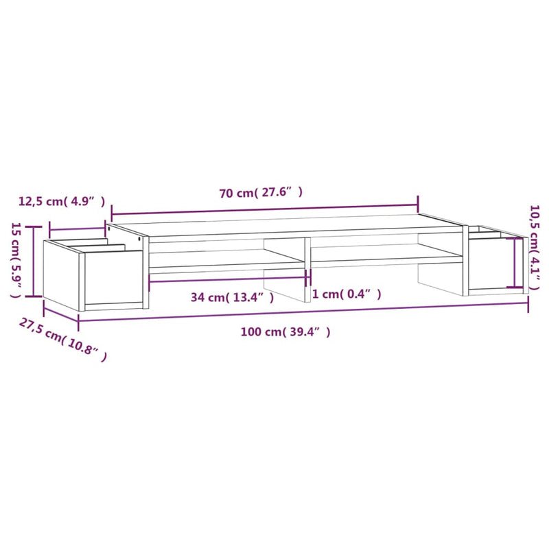vidaXL Monitor Stand 100x27.5x15 cm Solid Wood Pine