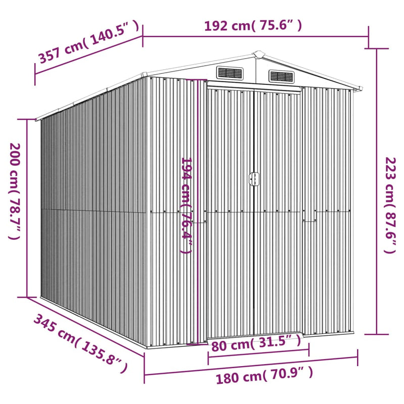 vidaXL Garden Shed Light Grey 192x357x223 cm Galvanised Steel