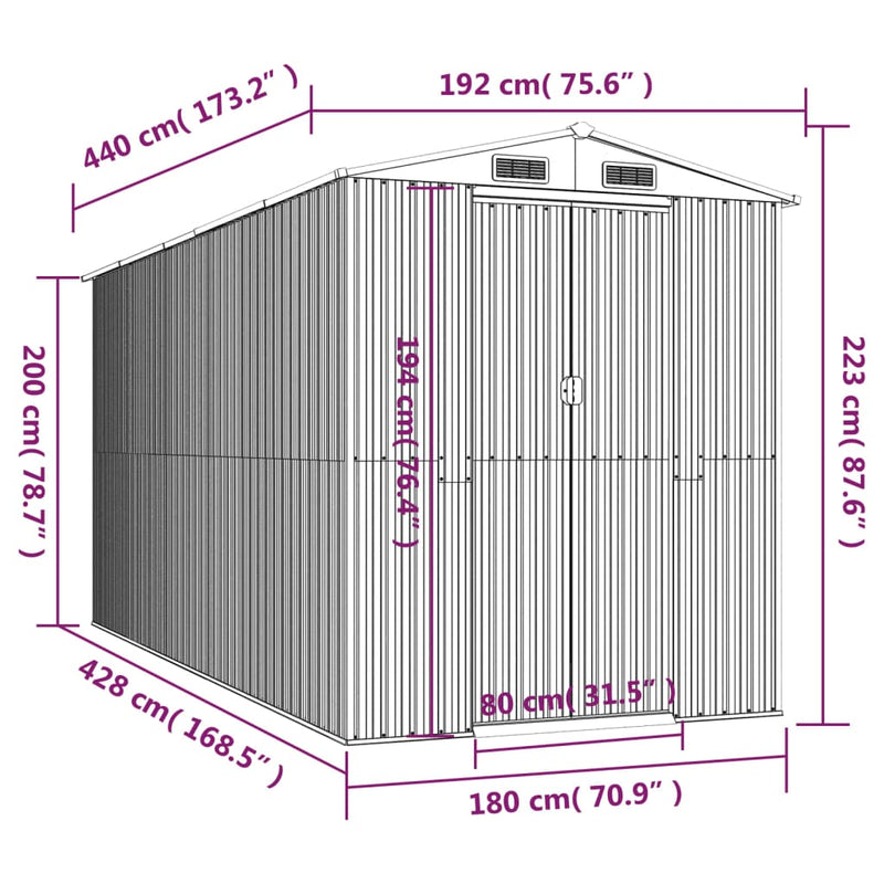 vidaXL Garden Shed Light Grey 192x440x223 cm Galvanised Steel