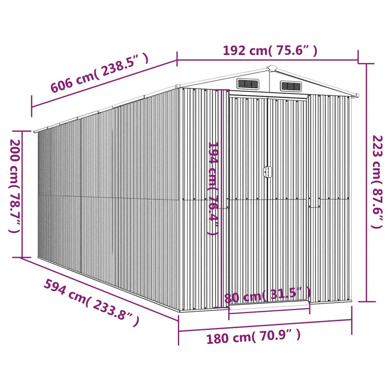 vidaXL Garden Shed Light Grey 192x606x223 cm Galvanised Steel