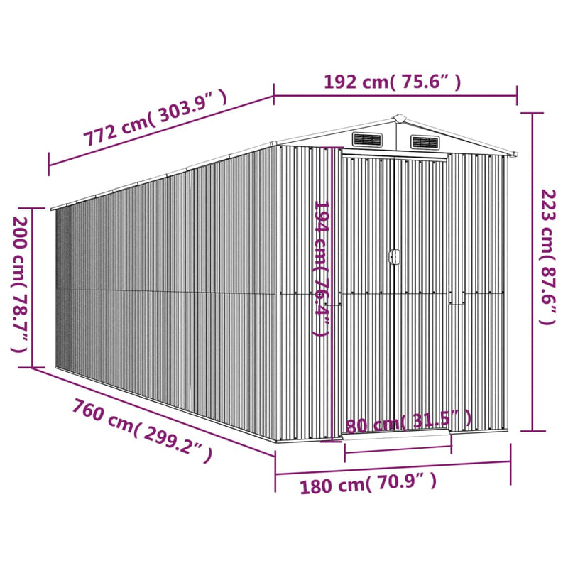 vidaXL Garden Shed Light Grey 192x772x223 cm Galvanised Steel