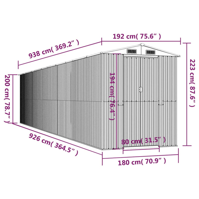 vidaXL Garden Shed Anthracite 192x938x223 cm Galvanised Steel