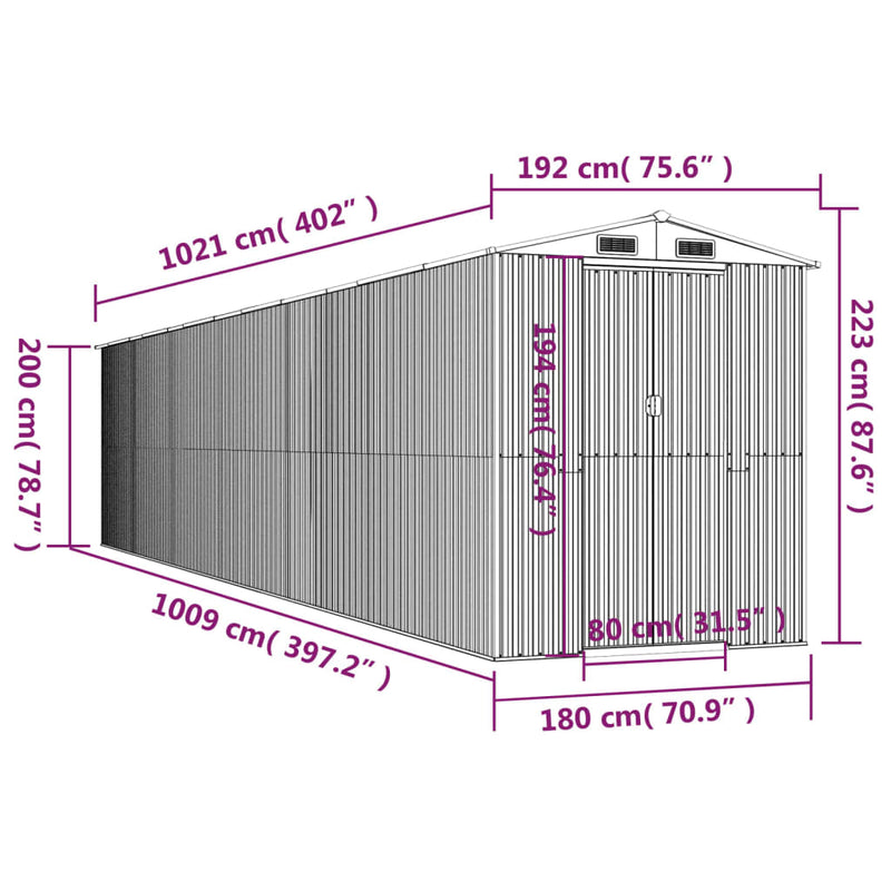 vidaXL Garden Shed Anthracite 192x1021x223 cm Galvanised Steel