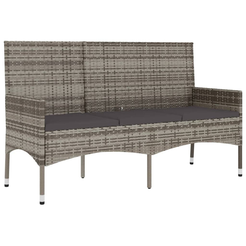 vidaXL 3-Seater Garden Bench with Cushions Grey Poly Rattan