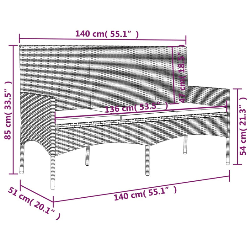 vidaXL 3-Seater Garden Bench with Cushions Grey Poly Rattan