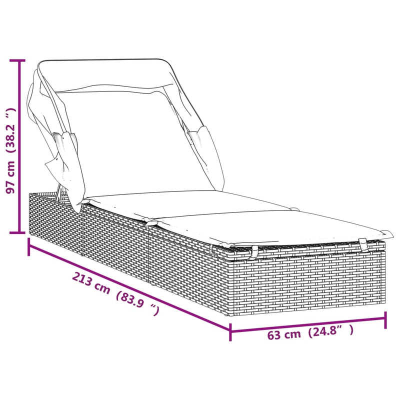 vidaXL Sunbed with Foldable Roof Grey 213x63x97 cm Poly Rattan