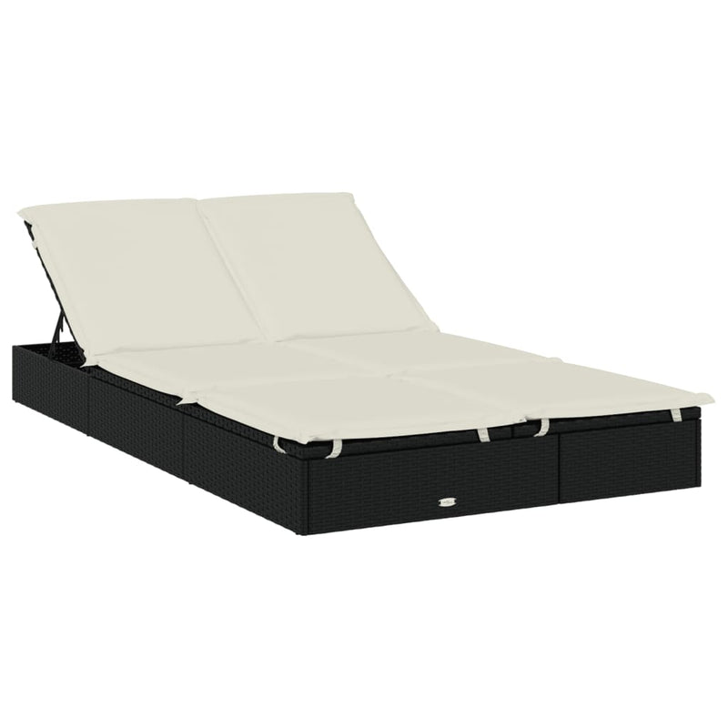 vidaXL 2-Person Sunbed with Cushions Black Poly Rattan