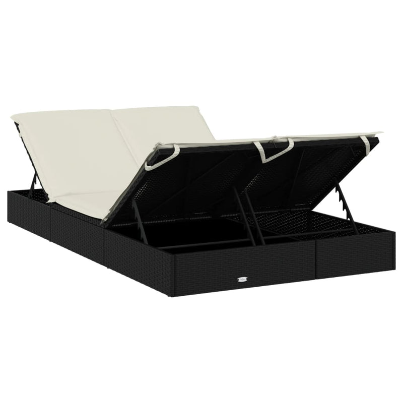 vidaXL 2-Person Sunbed with Cushions Black Poly Rattan