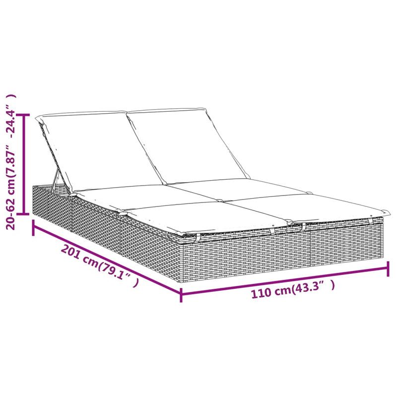 vidaXL 2-Person Sunbed with Cushions Black Poly Rattan