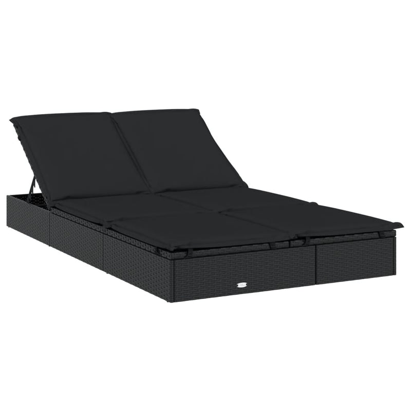vidaXL 2-Person Sunbed with Cushions Black Poly Rattan