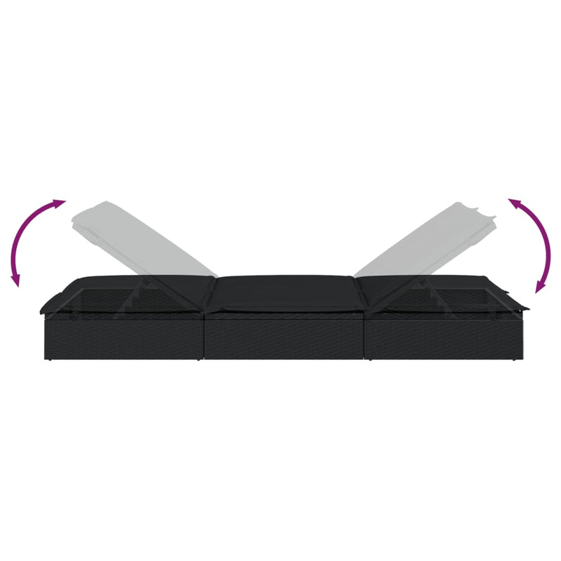 vidaXL 2-Person Sunbed with Cushions Black Poly Rattan