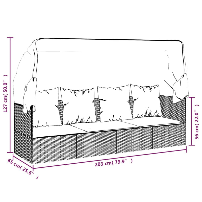vidaXL Outdoor Lounge Bed with Roof and Cushions Grey Poly Rattan