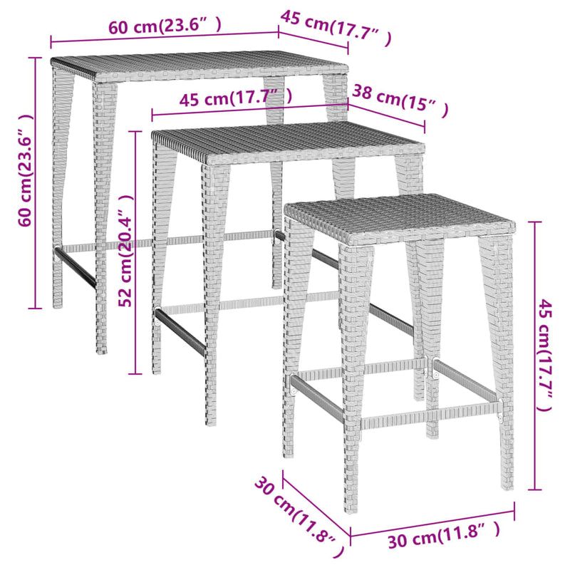 vidaXL Nesting Tables 3 pcs Brown Poly Rattan