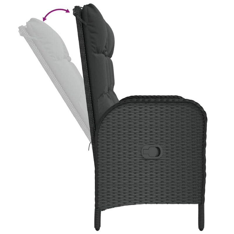 vidaXL Reclining Garden Bench with Cushions 107 cm Poly Rattan Black