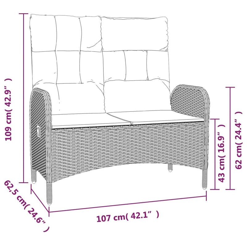 vidaXL Reclining Garden Bench with Cushions 107 cm Poly Rattan Black