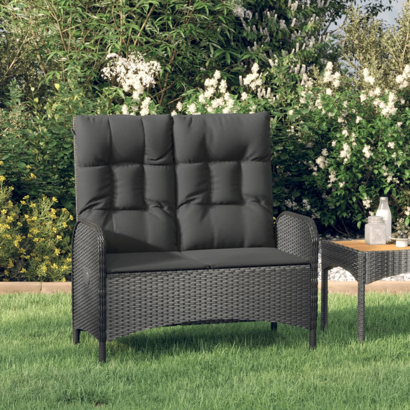 vidaXL Reclining Garden Bench with Cushions 107 cm Poly Rattan Black