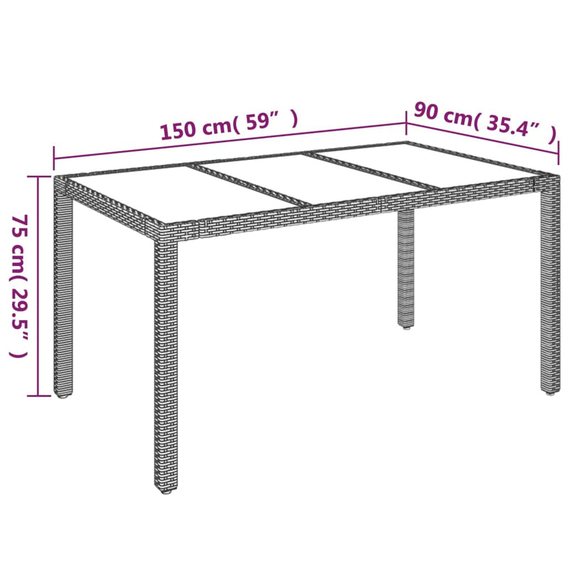 vidaXL Garden Table with Glass Top Black 150x90x75 cm Poly Rattan