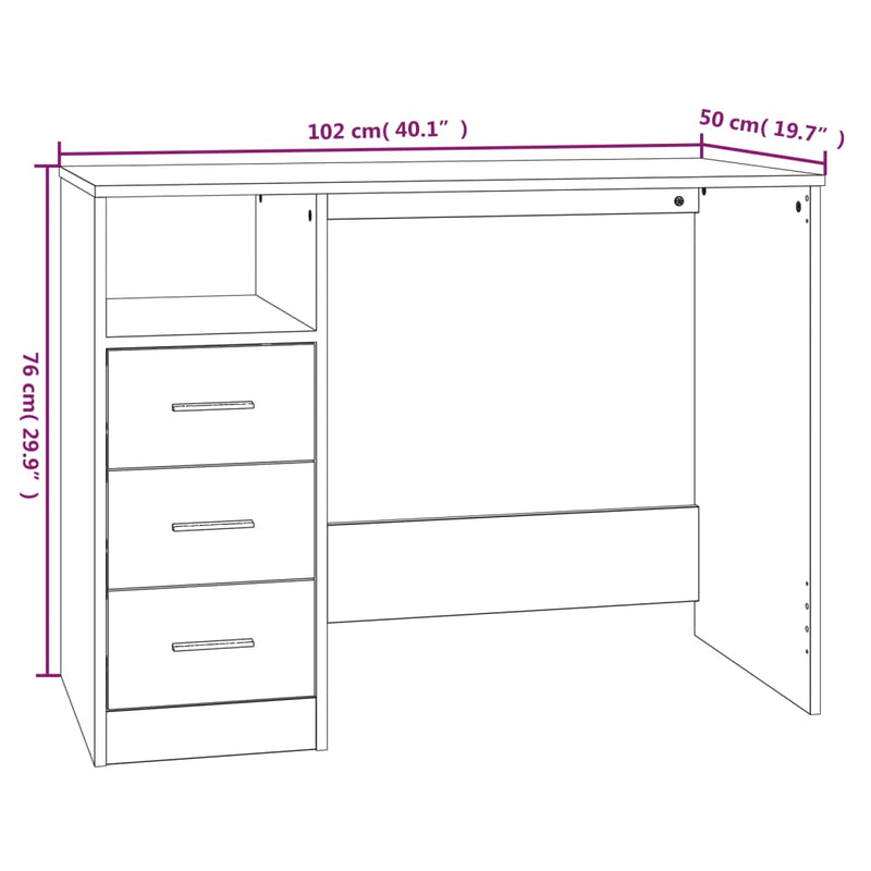 vidaXL Desk with Drawers White 102x50x76 cm Engineered Wood