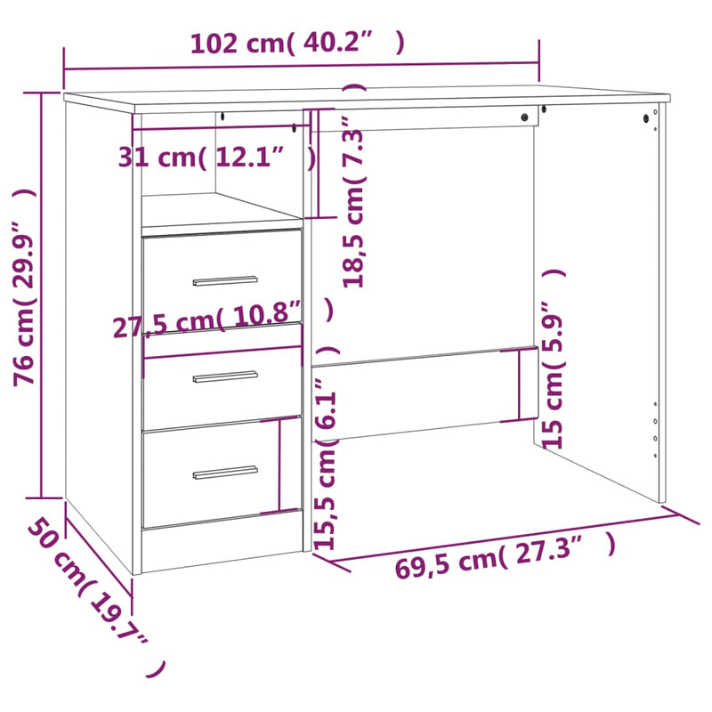 vidaXL Desk with Drawers Black 102x50x76 cm Engineered Wood