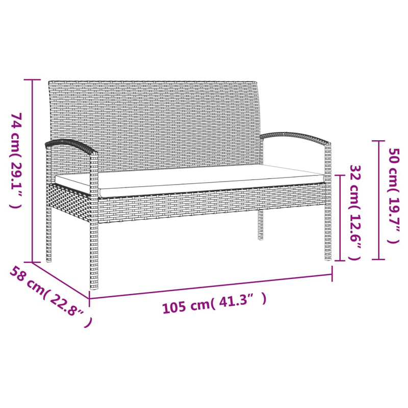 vidaXL Garden Bench with Cushion Black 105 cm Poly Rattan