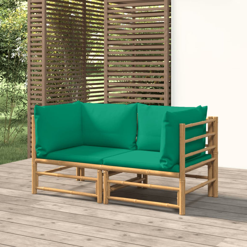 vidaXL Garden Corner Sofas with Green Cushions 2 pcs Bamboo