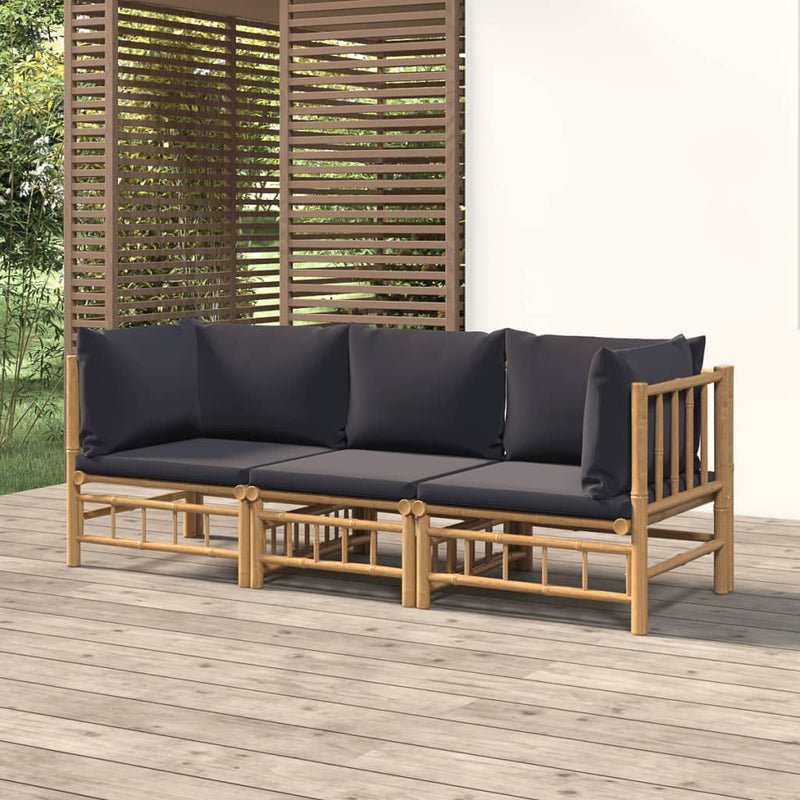 vidaXL 3 Piece Garden Lounge Set with Dark Grey Cushions  Bamboo