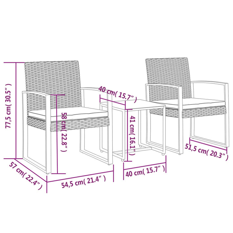 vidaXL 3 piece Garden Dining Set with Cushions Black PP Rattan